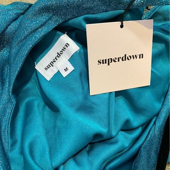 NWT Superdown Jayden Mini Dress in Blue metallic micro knit ruched Revolve M - Picture 8 of 10